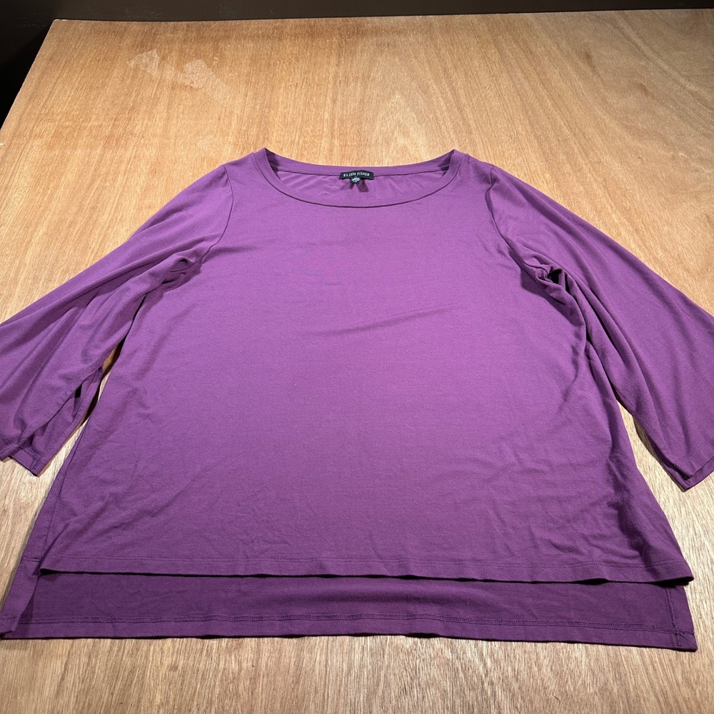 Eileen Fisher Top Women L Purple Split Bell Sleeve High-Low Hem Viscose Stretch